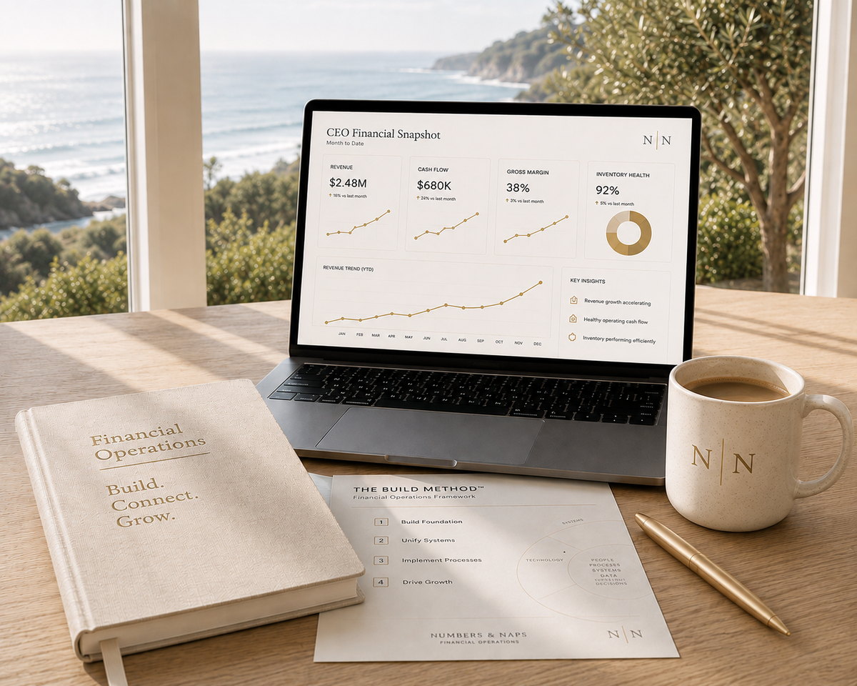 Numbers & Naps CEO financial snapshot on laptop with coastal view